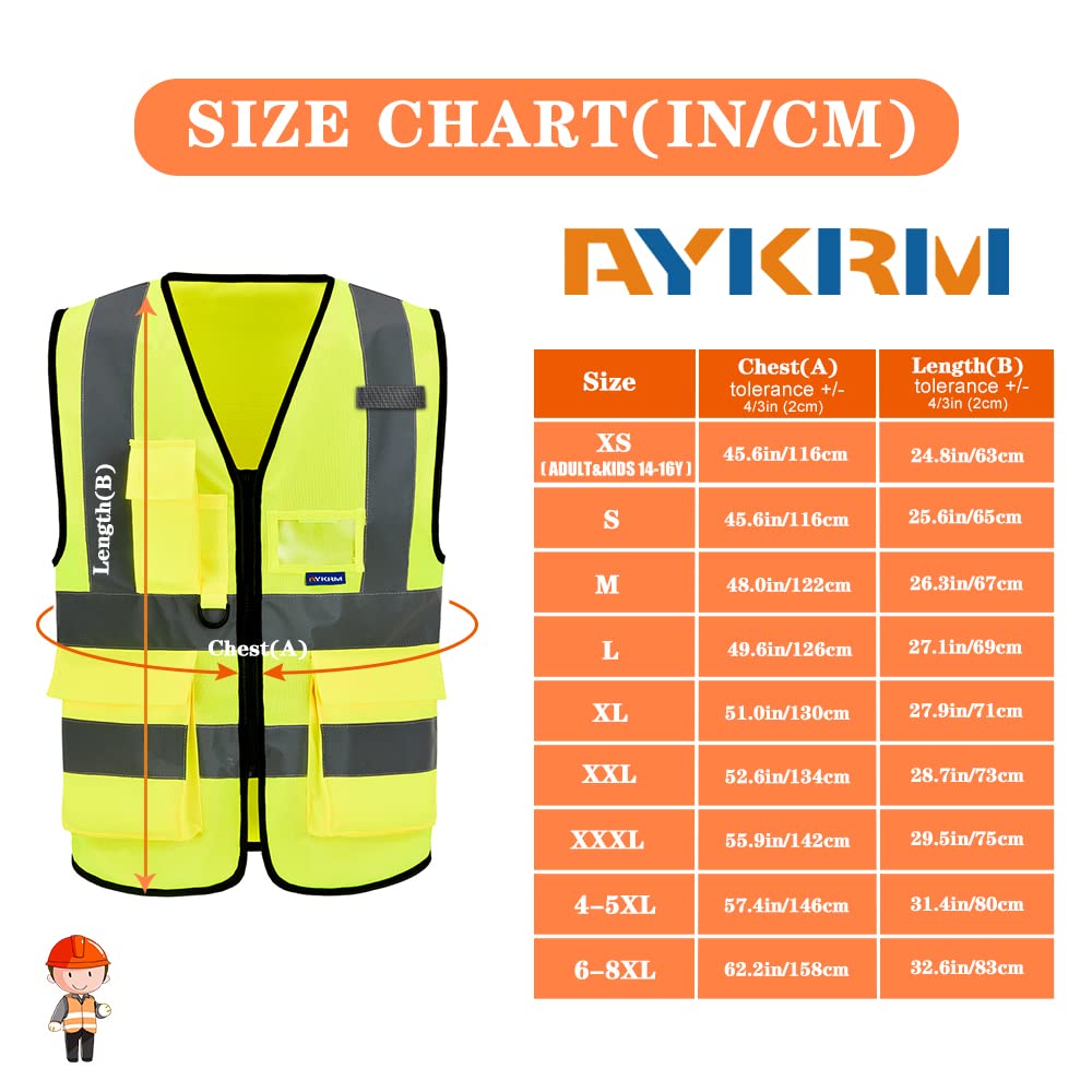AYKRM Hi viz vests yellow high viz Class 2 hi vis Zipper Front High Visibility vest Hi Vis Executive Vest Waistcoat with Phone & ID Pockets